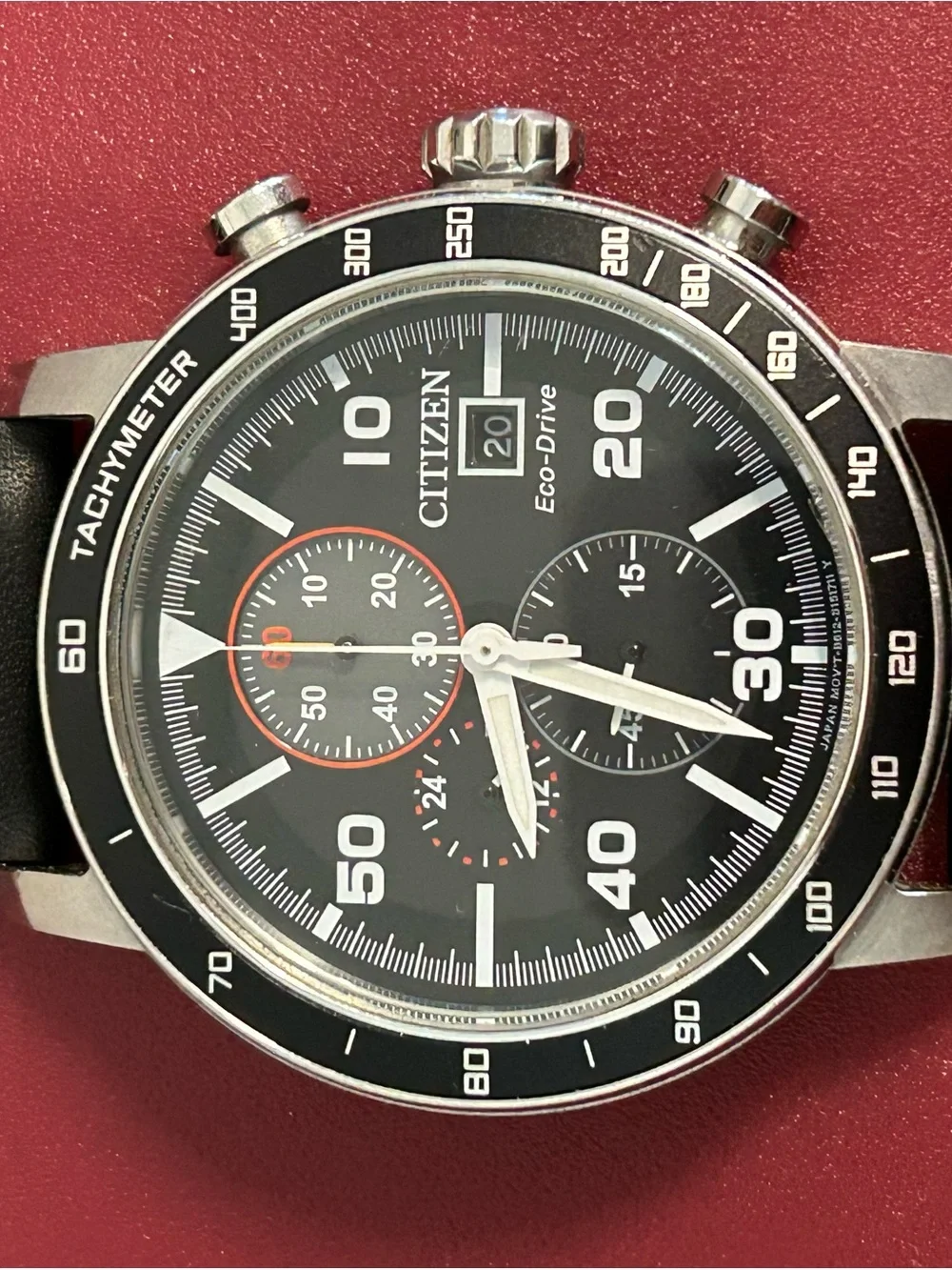 Citizen B612 Eco-drive Black and Silver Chronograph Tachymeter Men's Watch 44mm.